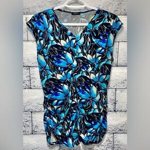 🔹Onyx Floral Pattern Blouse Rusched Detail Blue/Black Medium Business Casual